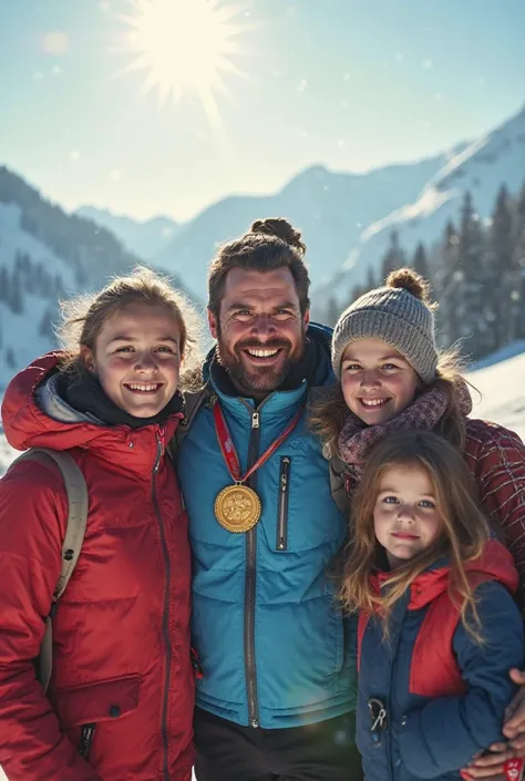 Photo of me winning the alpine skiing championship .I'm Russian , I'm 40 years old , with a beard , Height 170 cm, Weight 85 kg . And my wife, three sons and eldest daughter, congratulate me 