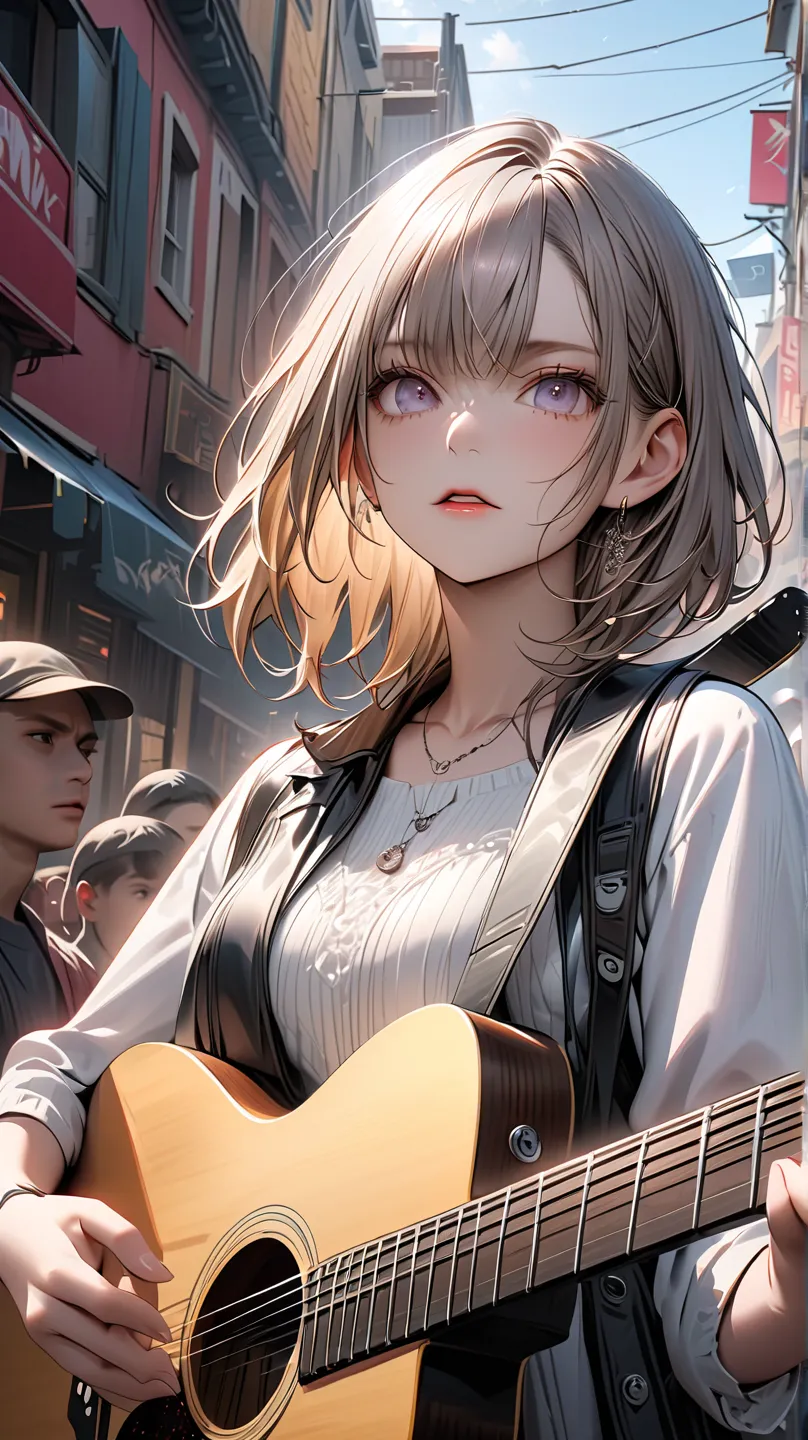 ((Masterpiece, best quality, highest quality, high resolution, photorealistic, raw photo, extremely detailed CG integrated 8k wallpaper)) Beautiful illustration, street performance with guitar in hand, girl singing with a tense and serious expression