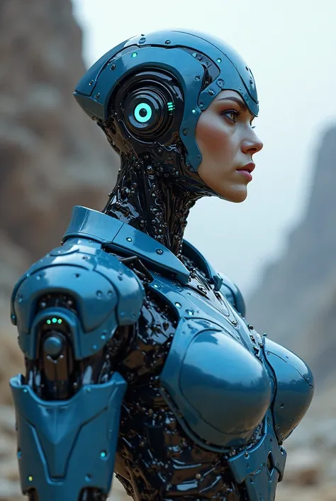 blue male robot looking behind