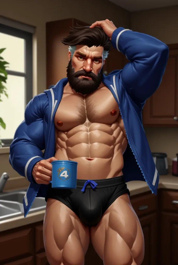 A picture of a muscular man with a beard, standing in a kitchen near the sink. He is wearing black briefs with dark blue details, and a blue robe with white details draped over his shoulders. The man has a well-defined physique with visible abdominal muscl...