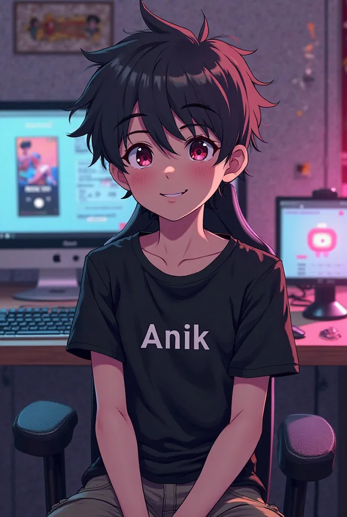 Create an anime boy that looks like a human on the front.   He's a TikTok content creator, sitting in his studio with a futuristic gadget, and he has a mic, wearing a black t-shirt, with Anik's name written on the t-shirt, smiling, and has 2 posters of Tik...