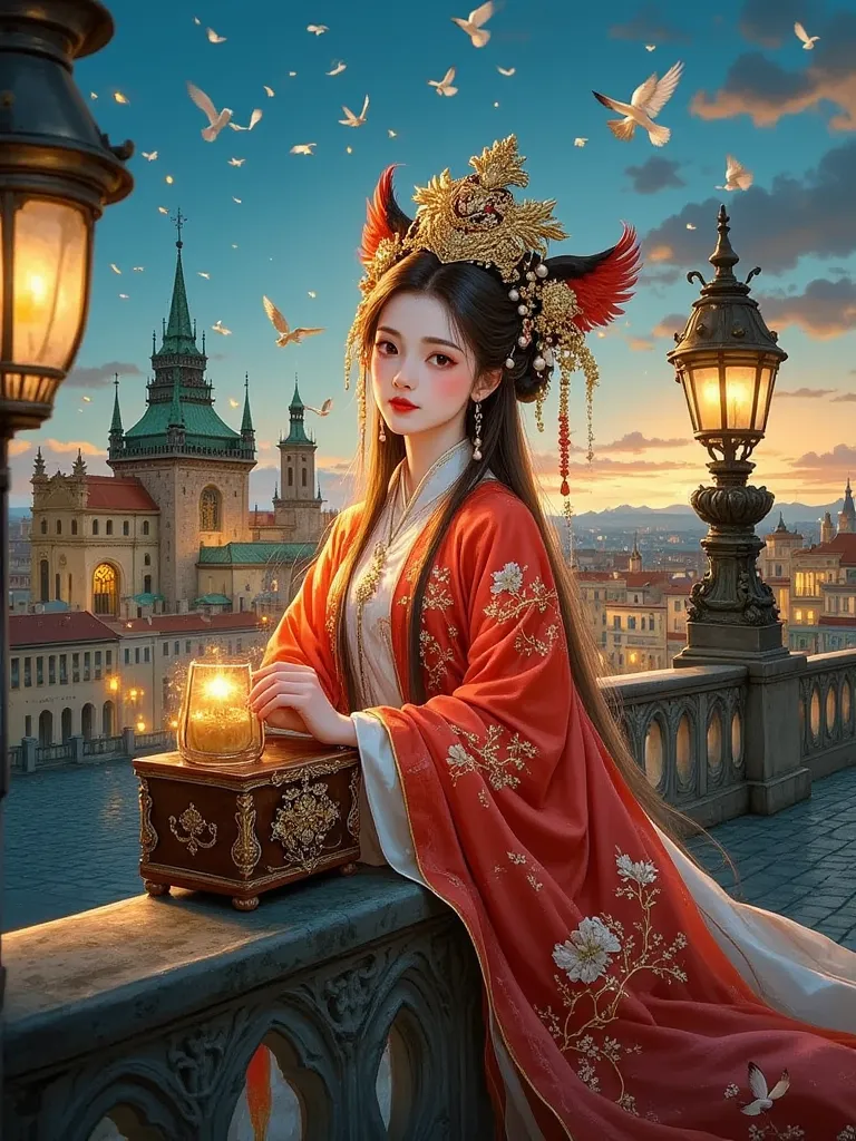 Prague's Old Town Square at dusk，A girl wearing a Ming Dynasty gilded embroidered phoenix crown and shawl leaned against the Baroque carved stone railings，Gold-plated and kingfisher-leafed phoenix crown with pearl tassels，A red shawl with gold-embroidered ...