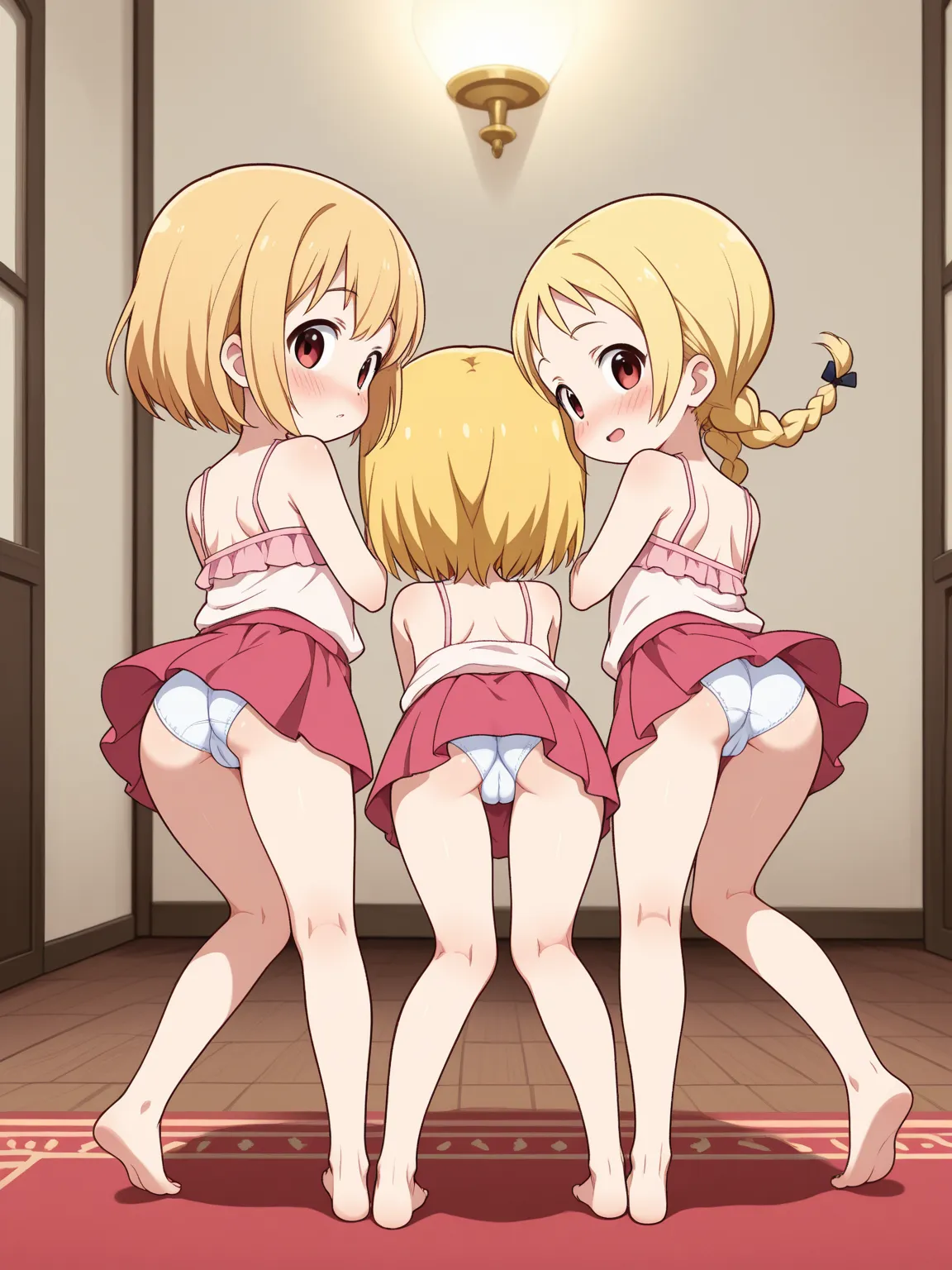 restless wandering gaze。Little Elementary School Girl,  flat chest,  upskirt, panties ,   blonde hair,  short hair,  braids,  confident expression、blush, I'm dancing folk dance, Back view, ass, cameltoe, full body , harem, 4girls