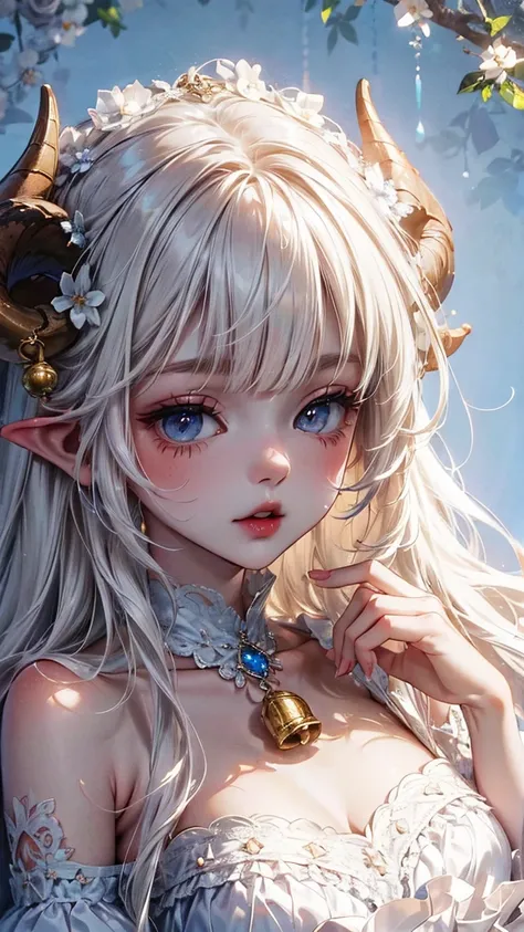 with a light skin tone，depicts a gentle beautiful woman，depicts a gentle beautiful woman，with a light skin tone, white hair, Bangs,  blue eyes, and sheep ears (without horns), wearing a white ruffle fringed dress，depicts a gentle And the vibrant style illu...