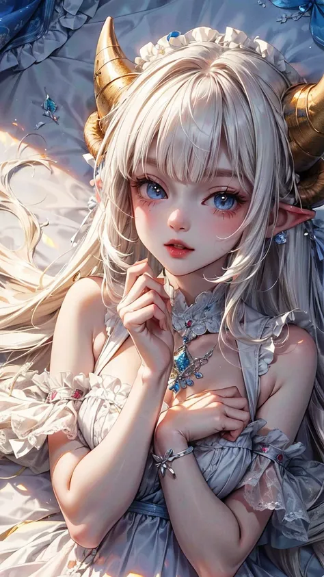 with a light skin tone，depicts a gentle beautiful woman，depicts a gentle beautiful woman，with a light skin tone, white hair, Bangs,  blue eyes, and sheep ears (without horns), wearing a white ruffle fringed dress，depicts a gentle And the vibrant style illu...