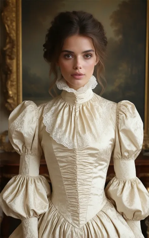 brocade_victorian_blouse,lace_collar,cinched_waist,puff_sleeves,delicate_embroidery,high_neck,elegant_posture,serene_expression,photorealistic,8k,ultra-detailed,intricate_pattern,luxurious_fabric,flowing_silhouette,dramatic_lighting,opulent_setting,ornate_...