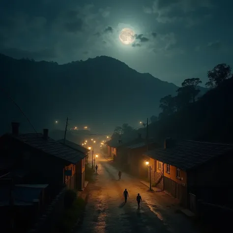 A wide-angle shot of Armero at night, moments before the avalanche hits. The town is illuminated by warm, flickering lights, with people going about their lives unaware. In the background, the dark, ominous wave of mud looms, barely visible under the moonl...