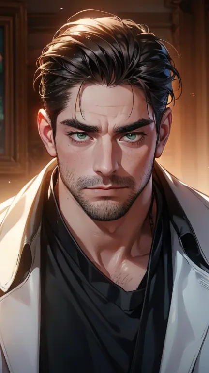 (  best quality,4K,8k,   highres,  masterpiece :1.2),  ultra-detailed  ,(Realistic,photoRealistic,photo-Realistic:1.37),36-year-old man,3 day beard,Beautiful anime,Portraits,strong,masculine,   with dark hair  ,sharp jaw,    mesmerizing green eyes   ,   pe...