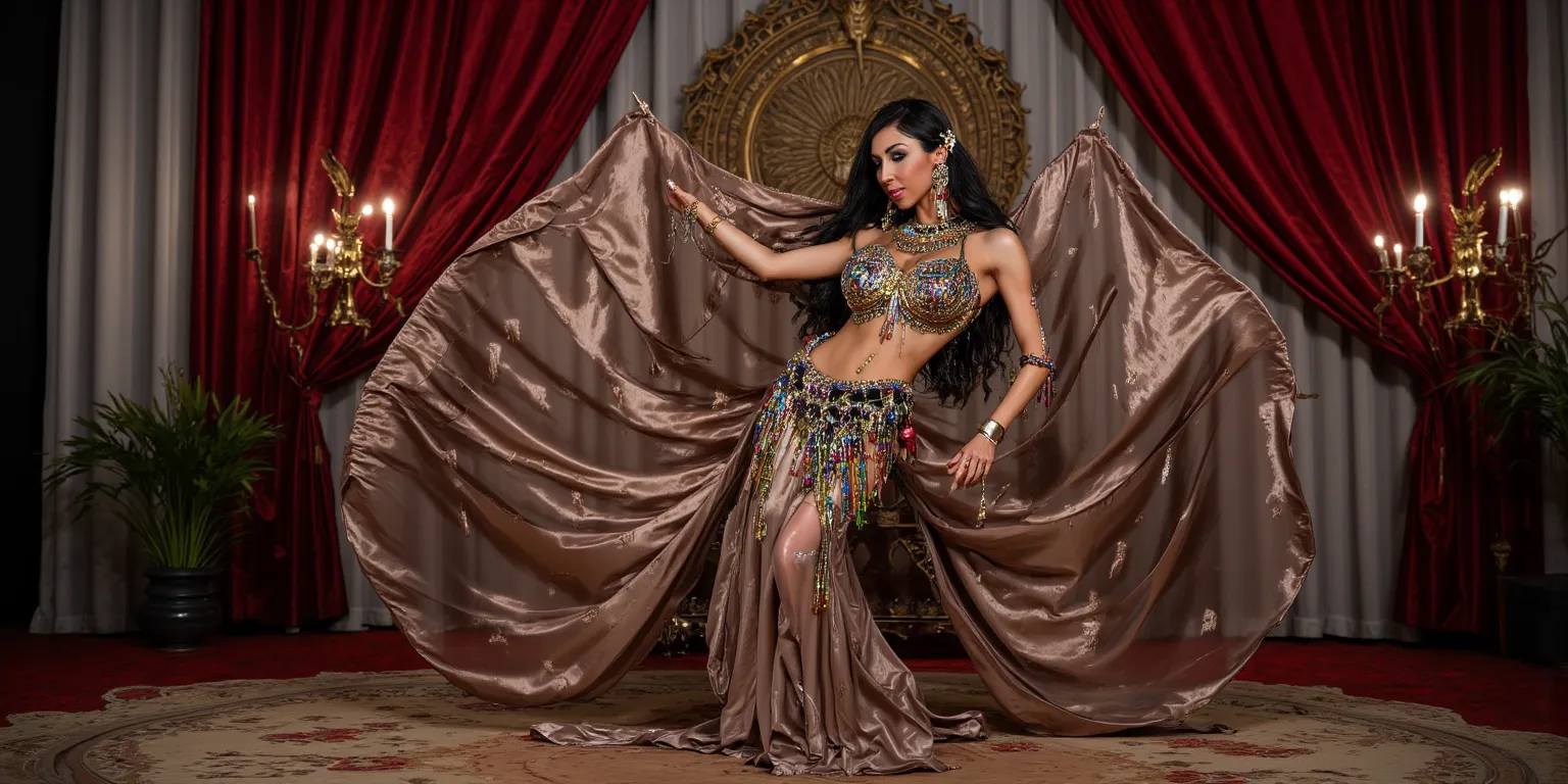 Gorgeous woman as a belly dancer (extremely sexy dancer outfit with sheer silk fabrics and colorful beads, bare feet, sensual gold and black makeup) Provocative, sensual dance. Lavish, silk strewn pleasure room. Show her from head to toe. 'Sinful Stars' is...