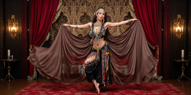 Gorgeous woman as a belly dancer (extremely sexy dancer outfit with sheer silk fabrics and colorful beads, bare feet, sensual gold and black makeup) Provocative, sensual dance. Lavish, silk strewn pleasure room. Show her from head to toe. 'Sinful Stars' is...