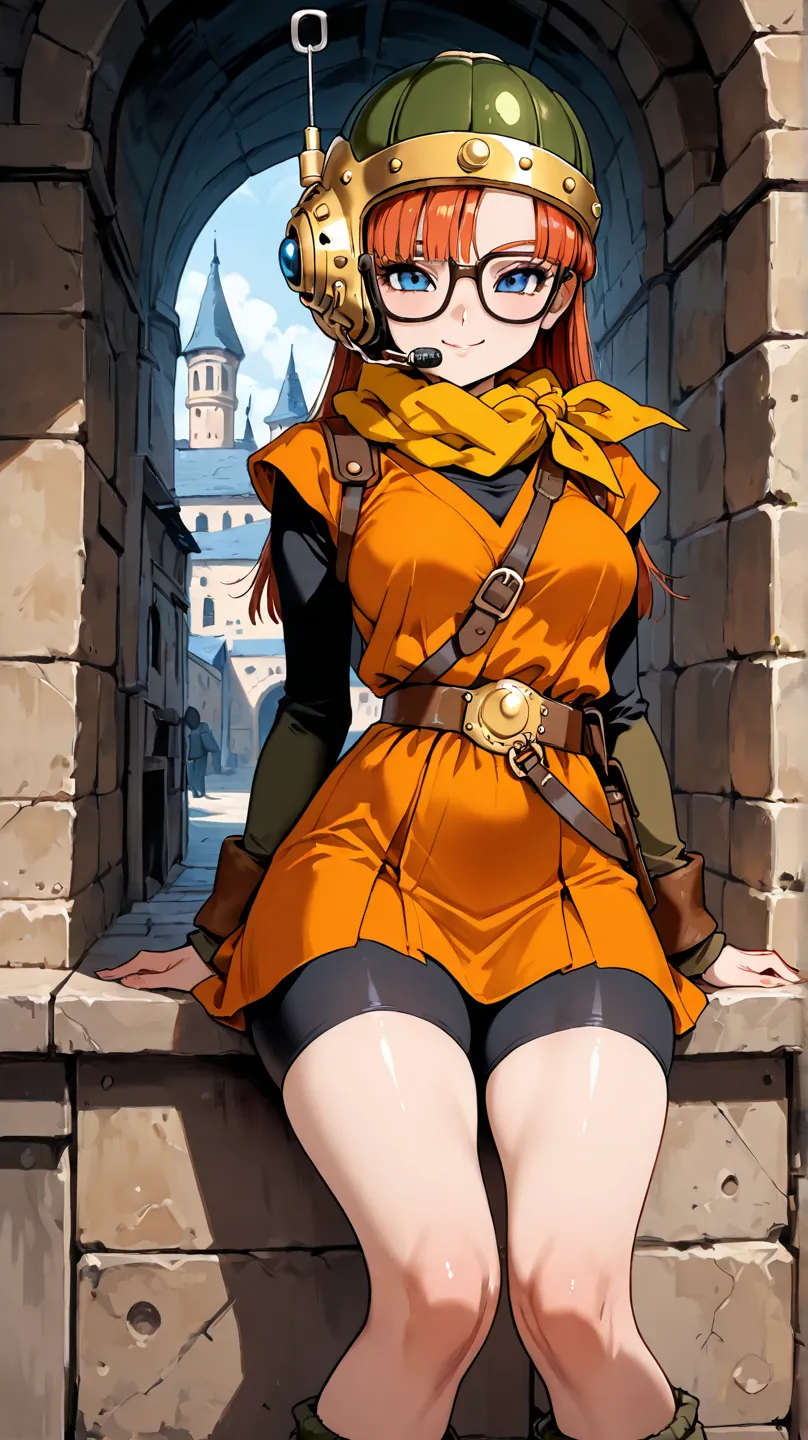 1girl, Lucca from Chrono Trigger, thin build, glasses, long hair, looking at viewer, standing, orange dress skirt, black yoga shorts, seductive smile, medieval city in background, from the knees up, masterpiece, medium breasts, long hips, thin hips, long h...