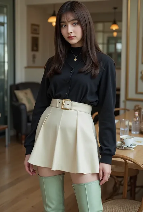 Lisa long hair, Lisa face shape, black suspender undershirt (long sleeves, bare shoulders, open waist), white miniskirt, belt at waist, light green high boots, sexy, open waist, long legs, rich details, masterpiece, superlative, realistic, HD, photographic...