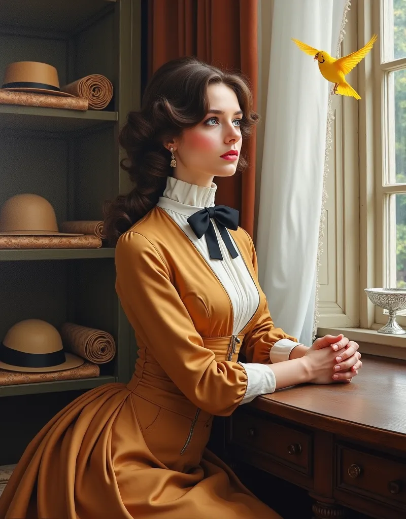 Oil portrait (painting on canvas), realistic image quality, photography, Realistic Illustration.  Aesthetic image .  detailed image. Aristocratic environment,  high standard .  Diagonal view ,  Diagonal focus . pose/ Imperious posture , resting her elbows ...