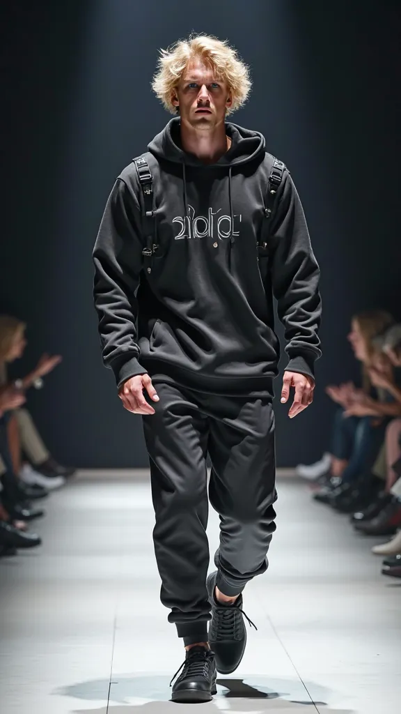  A Man,  blond hair,  moving with the beat of the wind.   The muscular body , Strong and of an infinite sensual beauty, Perfectly beautiful face and always the same. Trendy clothes from the brand "adidas" in evidence and the logo in the upper left corner, ...