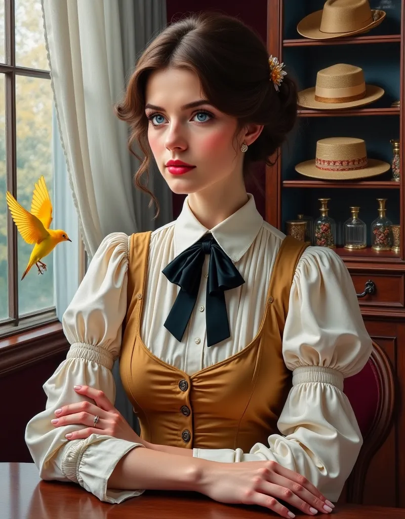 Oil portrait (painting on canvas), realistic image quality, photography, Realistic Illustration.  Aesthetic image .  detailed image. Aristocratic environment,  high standard .  Diagonal view ,  Diagonal focus . pose/ Imperious posture , resting her elbows ...