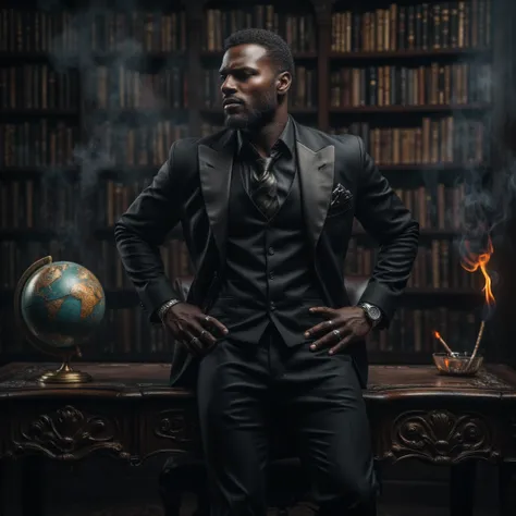 A powerful image of a muscular anthropomorphic Crow. Wearing all black 3 piece suit. Dynamically posing for photoshoot. Cool looking, handsome, confident and important. Silver watch and 2 rings. Dark smokey manor library background. Leaning against an extr...