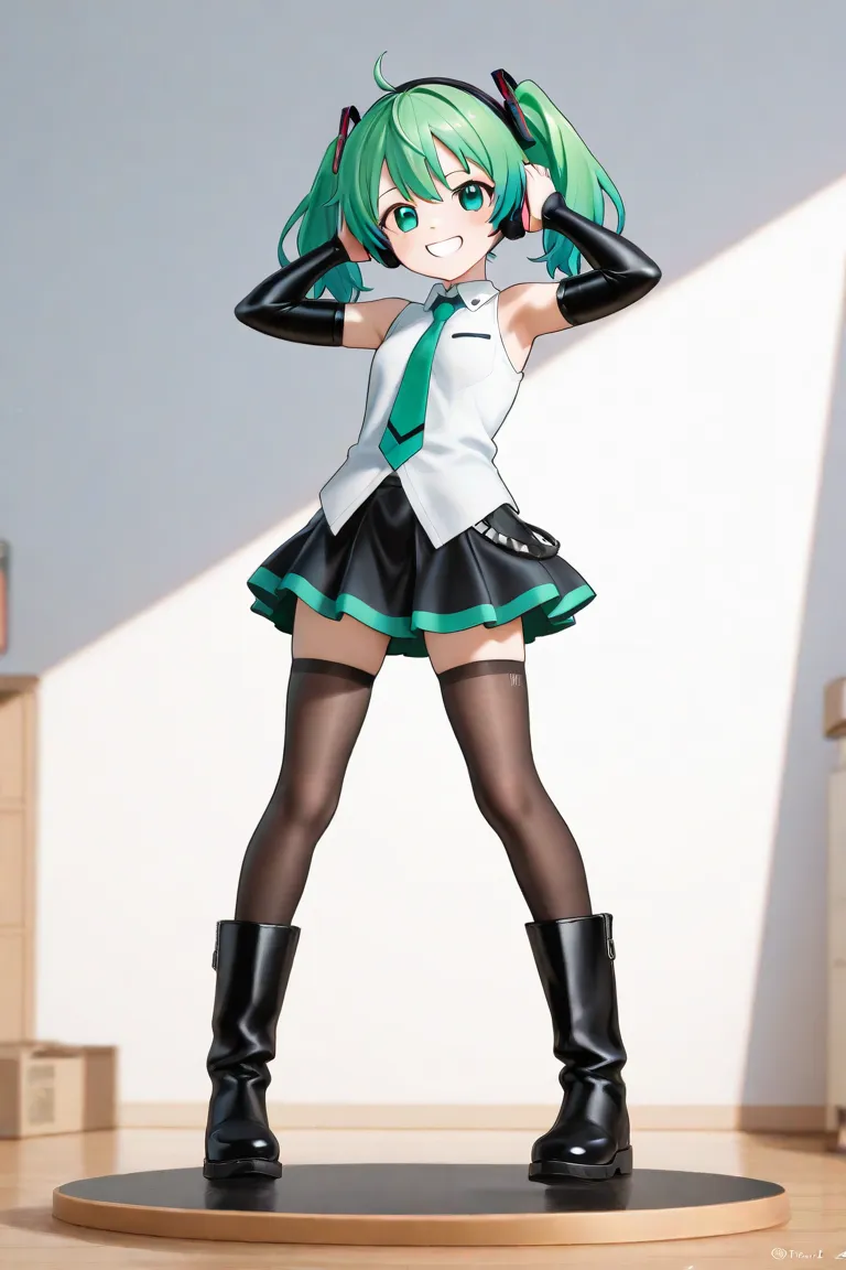 1 girl, vocaloid ,Hatsune Miku blue-green long twin tails,miniskirt,sleeveless,tie,headphones, black arm cover ,black long boots,Beautiful Girl,cute,smile