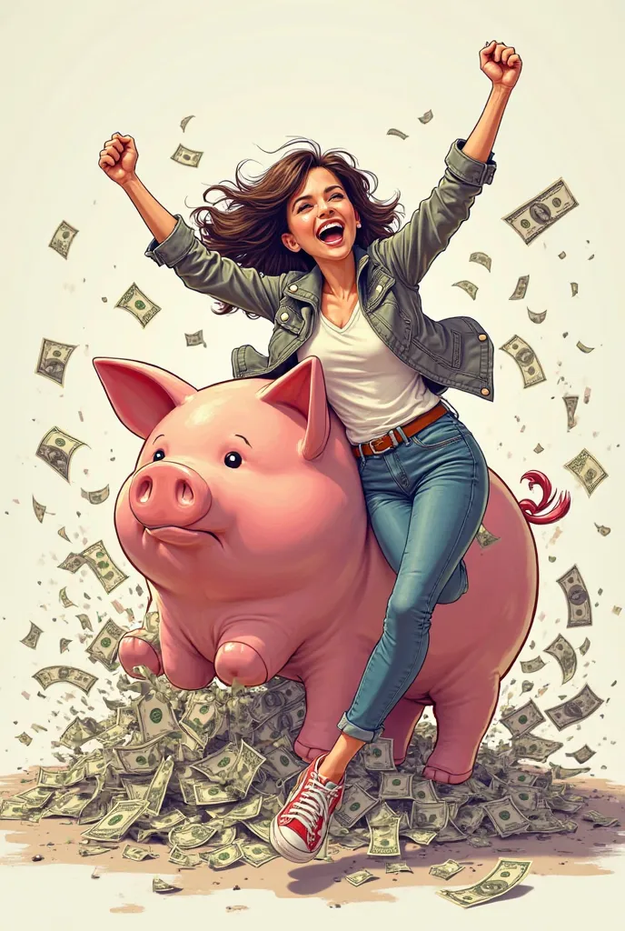 Make a Editorial Cartooning. The Concept is "The Girl Smashing the Giant Piggy Bank with level "People's Taxes", with happy expression".