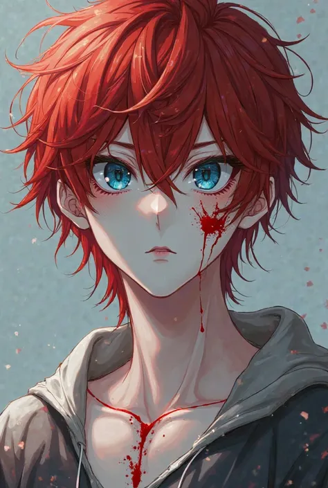 Anime boy with snow white skin, sapphire blue eyes with dark red scar-like birthmarks under his eyes with long, red hair reaching just past his shoulders and athletic, buff body. But not too buff.