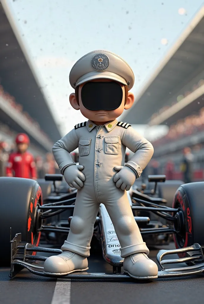 Shy guy by Mario Bross in pilot costume posing with a Formula 1 car