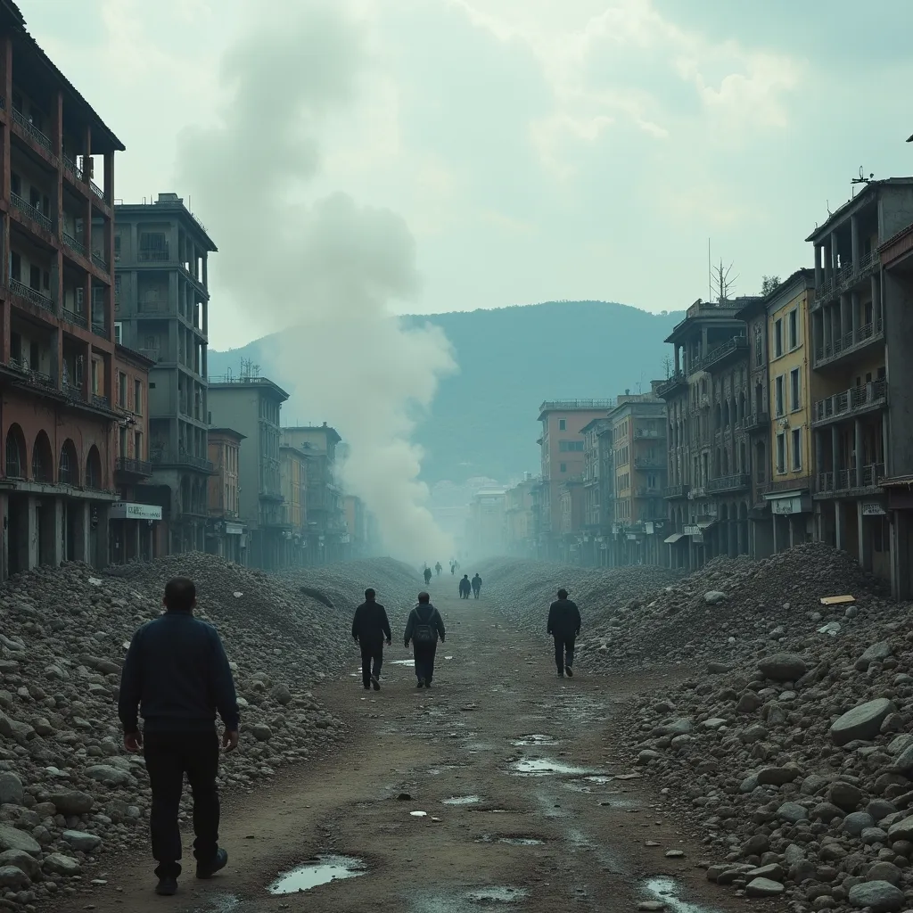 A wide shot of Quito in ruins after the earthquake, with smoke rising from collapsed buildings and survivors wandering aimlessly. The once-grand city is now a desolate landscape. Overcast sky with muted colors, emphasizing the devastation. Cinematic, sombe...