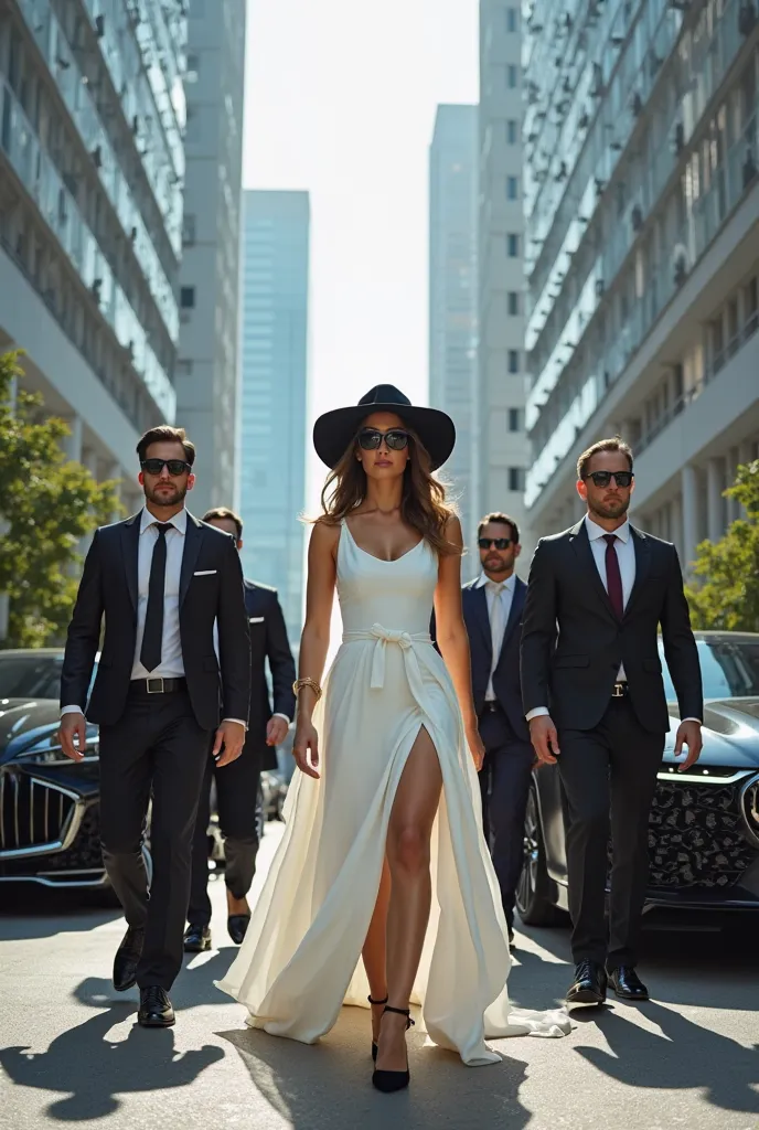 Do you have the image of a beautiful woman with a big body in a white dress with a black hat with black heels and sunglasses with a beautiful face young millionaire woman getting out of a luxurious million-dollar car with 4 bodyguards entering a huge high-...