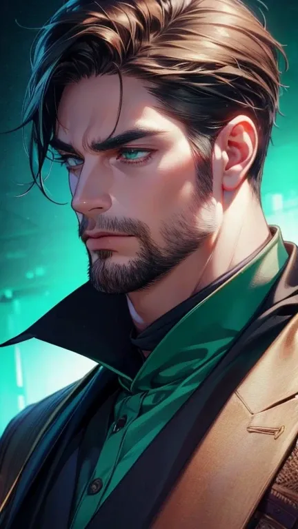 (  best quality,4K,8k,   highres,  masterpiece :1.2),  ultra-detailed  ,(Realistic,photoRealistic,photo-Realistic:1.37),36-year-old man,3 day beard,Beautiful anime,Portraits,strong,masculine,   with dark hair  ,sharp jaw,    mesmerizing green eyes   ,   pe...