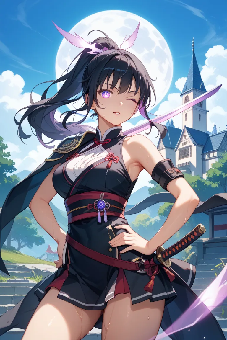 high image quality、a woman slouching her neck with one eye closed、 low exposure 、 real 、Purple glowing eyes、 Sakurabuki、slightly sweaty、Place your right hand on your hip、Hold the handle of a small sword in your left hand and point the blade forward、Black h...