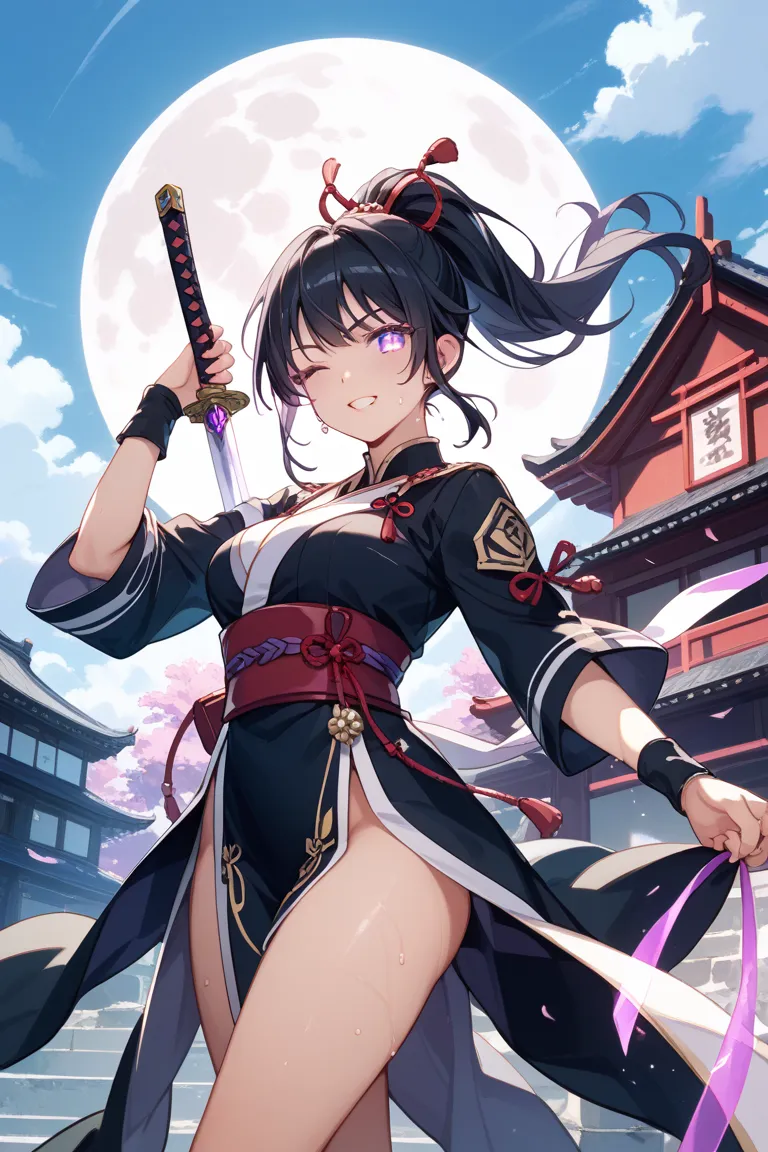 high image quality、Woman shaking her neck with one eye closed、 low exposure 、 real 、Purple glowing eyes、 Sakurabuki、slightly sweaty、Place your right hand on your hip、Hold the handle of a small sword in your left hand and point the blade forward、Black hair ...