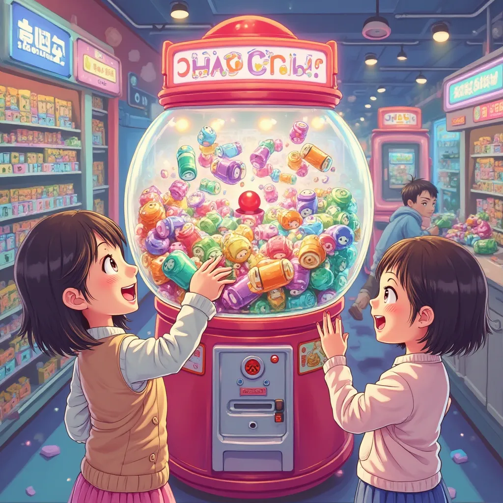 A pop, energetic, and cute scene of a gacha machine. Colorful gacha capsules are lined up, and smiling ren are excitedly spinning the machine to get their capsules. The background features a toy store and an arcade, all depicted in bright, colorful tones, ...