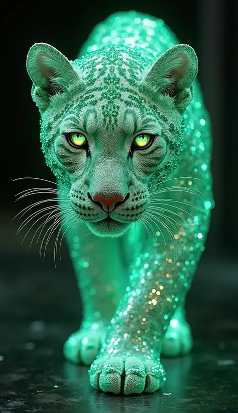 "  Create an image of a cute sweet little hyperrealistic flickering, eye-catching next to a cute sweet panther, created from shimmering soft crystals, reminiscent of mint, and reflecting mirrored fragments, that gives it smooth, gem-encrusted appearance . ...