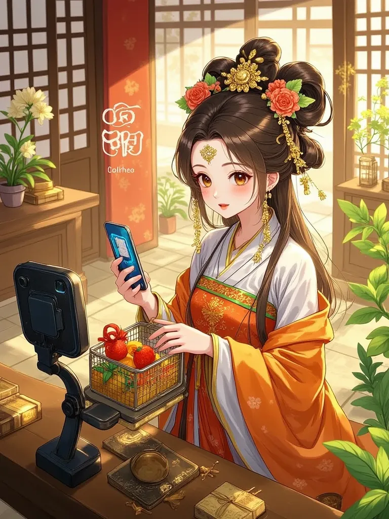  1girl , Diao Chan wears Hanfu to bring goods live, Phone holder engraved with phoenix pattern, virtual shopping cart floating ancient style special effects gift, illustration,  anime style,  cute hand-painted 