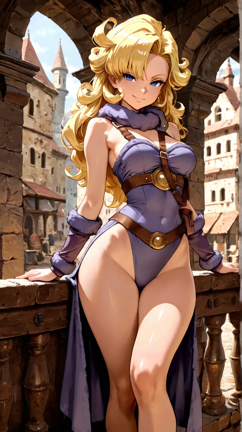 1girl,Ayla from Chrono Trigger, thin build, long hair, looking at viewer, standing, purple cavewoman outfit , seductive smile, medieval city in background, from the knees up, masterpiece, medium breasts, long hips, thin hips, long hipbones, hips tilted, 8k...