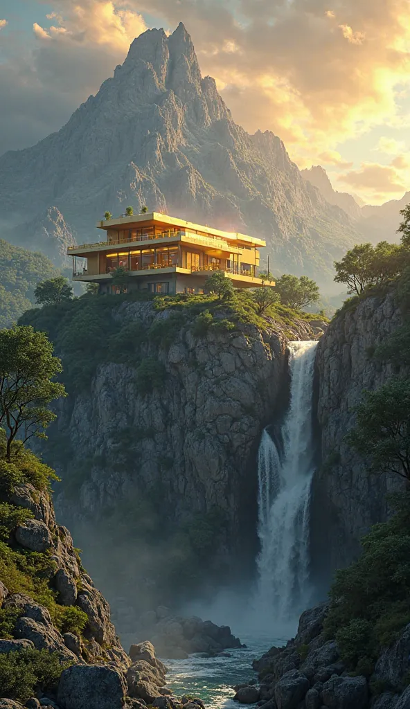 modern,golden house,mountain,waterfall,detailed landscape,dramatic lighting,cinematic composition,realistic,photorealistic,4k,8k,ultra-detailed,HDR,physically-based rendering,vivid colors,dramatic sky,lush greenery,rocky terrain,cascading water,sun rays,mo...