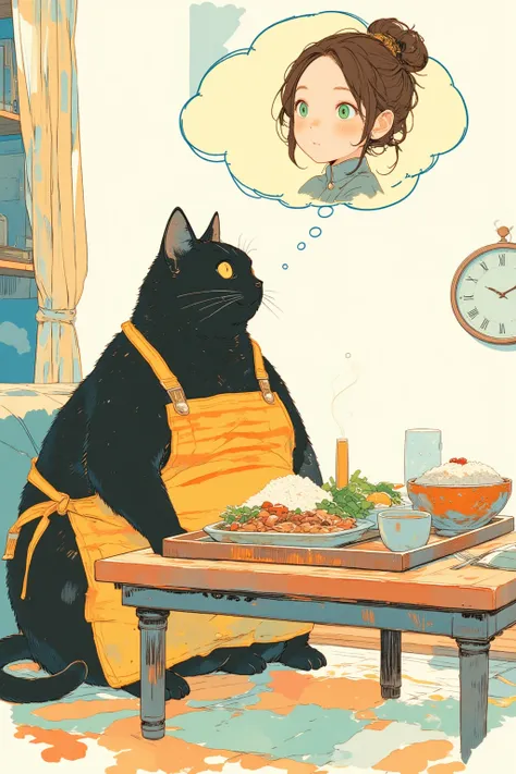 Watercolor painting illustration, A big-black-cat is sitting alone in front of a low table in the living room. On the table is a tray with a set meal for one person (rice, soup, main dish, small bowl of salad). The black cat is looking up at the clock on t...