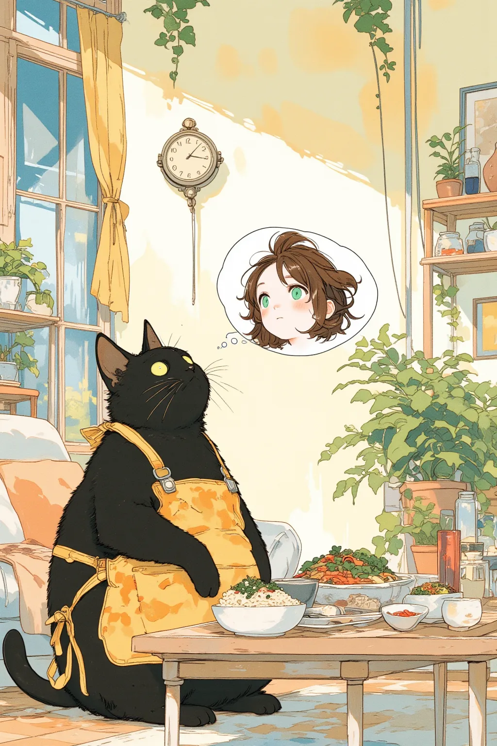 Watercolor painting illustration, A big-black-cat is sitting alone in front of a low table in the living room. On the table is a tray with a set meal for one person (rice, soup, main dish, small bowl of salad). The black cat is looking up at the clock on t...