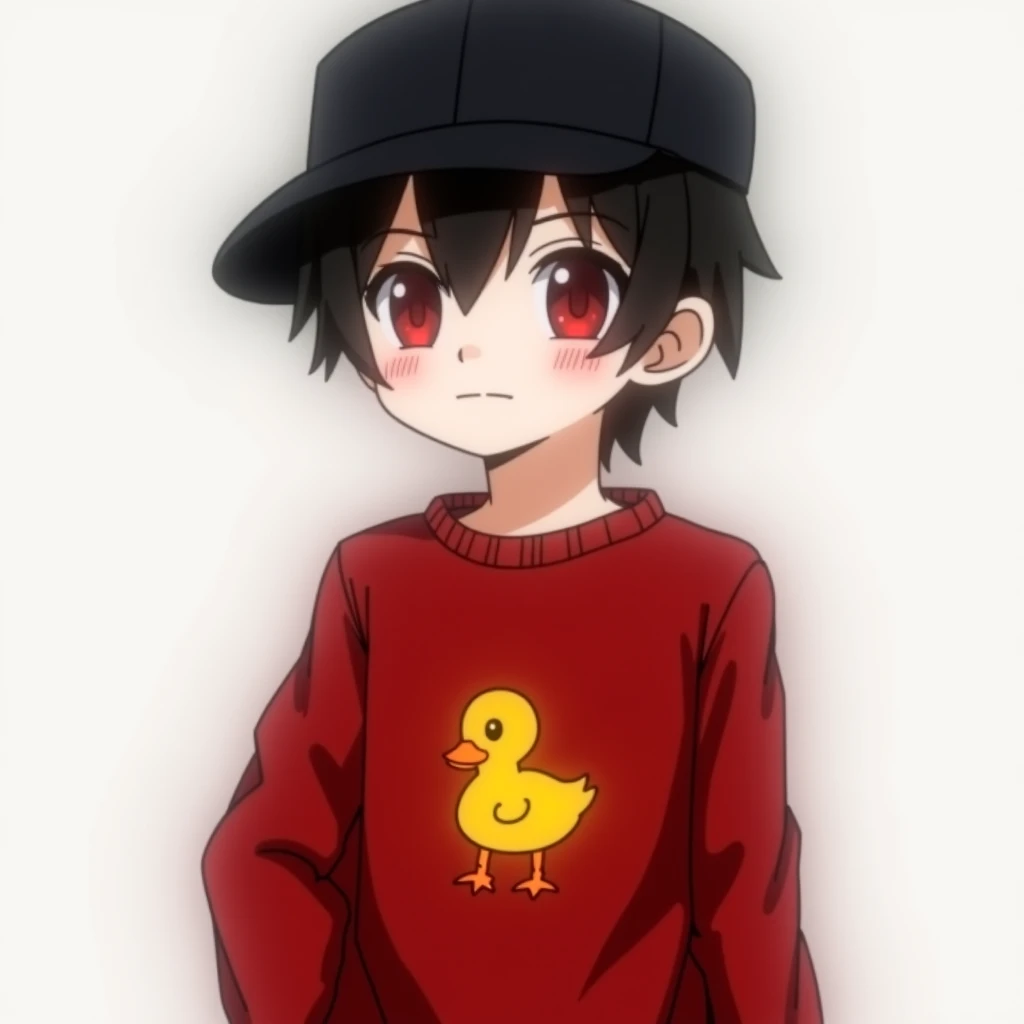  Anime boy with black hair ,  black cap, white skin, dark red eyes with a dark red long sleeve shirt and that in the middle of the long sleeve shirt has a small yellow duck drawn in the middle of the long sleeve shirt