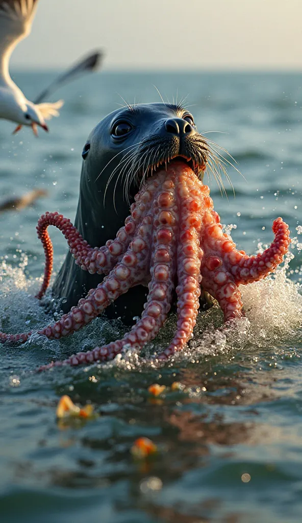 "A triumphant harbor seal breaking the water surface with a defeated giant Pacific octopus firmly in its jaws. The seal's sleek head raised above the waves, whiskers dripping, satisfied eyes bright with success, powerful mouth gripping the octopus at a pre...