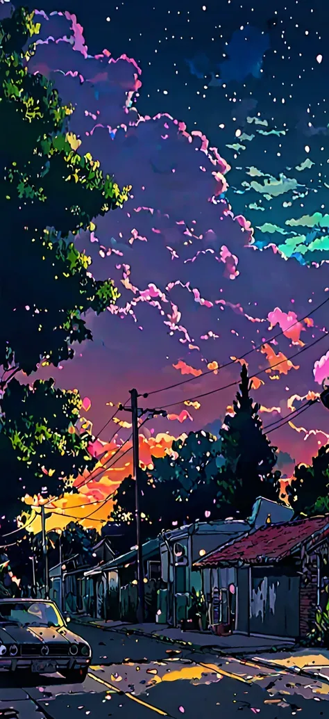 cartoon of a car parked on a street with a sky background, anime sky, anime background, anime background art,  beautiful anime scene , colorful anime background , anime clouds, beautiful  Anime Scenery, anime landscape wallpaper, anime landscape,  Anime Sc...