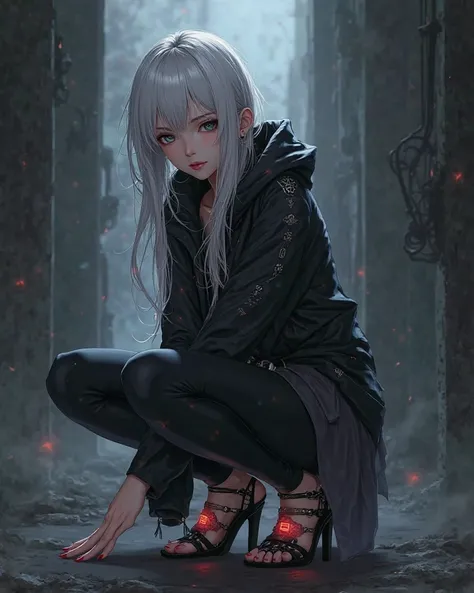 Dark white-haired anime girl wearing a hooded jacket,leggings and heeled huaraches while squatting 