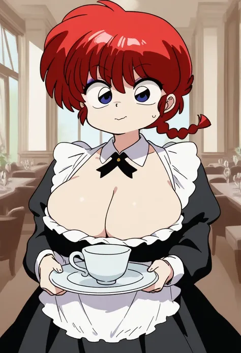 1 girl,  Ranma saotome , red hair, Hair with a braid, blue eyes, Big breasts, NSFW, pronounced neckline,  of foot,  bursting breasts , maid costume,  tender face, Interior environment, Detailed Neckline, holding plate with cup, pretty maid, makeup on eyeli...