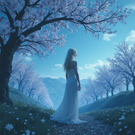  full of deep blue light  , ((masterpiece, Top Quality , Pay back,  kampala , reality, RAW PICTURES UP , 8k)), (( high quality CG synthesizer 8K wallpaper )), that&#39; Many cherry trees on both sides of the , (big、Amazing Goddess Pictures, very sexy ,  Ru...