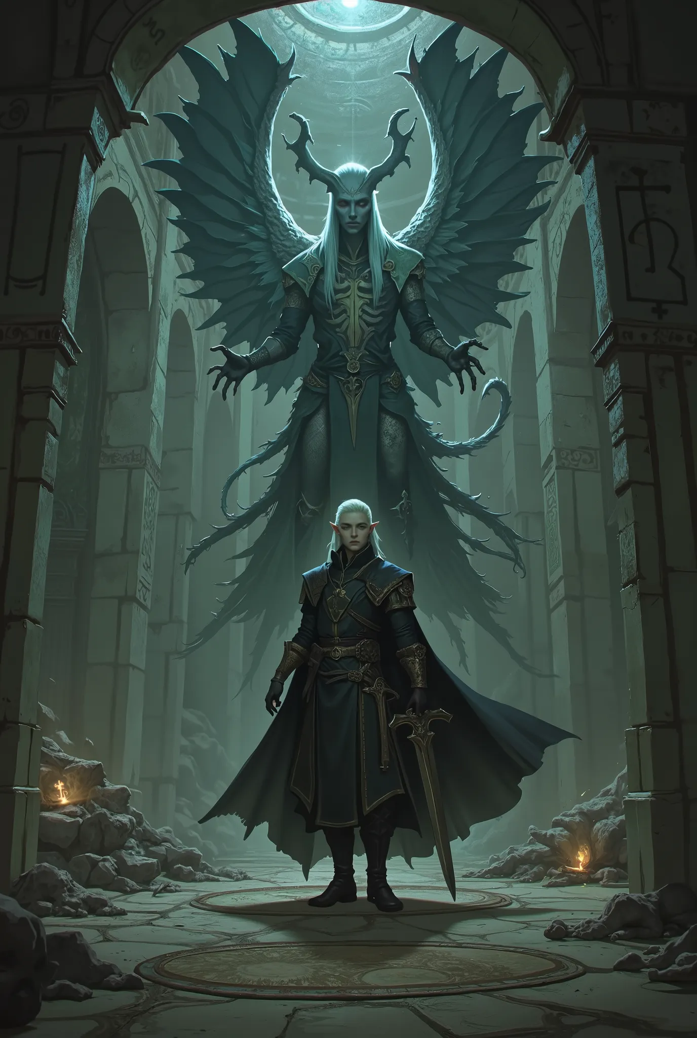 male elf, pointy ears, short white hair, wizard, with a dagger in his hand, summoning a monster, in a dark temple, role-playing game, dark fantasy