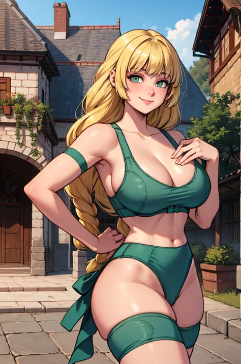 She has long blond hair braided at the back， with bangs parted in the middle， taut tall boobs， Chest Enhancing Poses，Slim Waist、Slightly thick thighs ，Smiling，sports bra，workout panties，dark pubic hair， pubic hair sticking out of panties， medieval European...