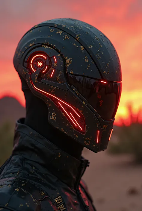 A futuristic half-face mask covering the lower jaw, matte black with a sandblasted texture, etched with faint Egyptian hieroglyphs (ankh and scarab) along the edges. Thin gold metallic veins run vertically like circuitry, glowing faintly. Embedded red neon...