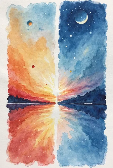 Watercolor painting of day, sunset, night, and dawn, side by side