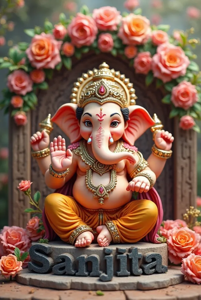 3D image of Lord Ganesha with cute photo in the background and my name "Sanjita" written in front of him and lots of flowers and roses above the name and my name should be black