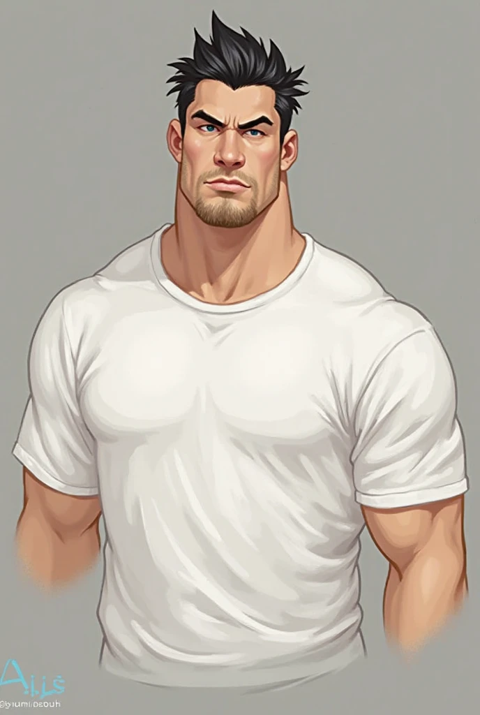 1. Appearance: 
- Hair: Spiky and dark in color, styled upward gaze.
-ial Hair: A light stubble along the jawline and chin.
- Build: Muscular and imposing, suggesting a strong, athletic physique.

2. Clothing: 
- A simple, loose-fitting white t-shirt, poss...