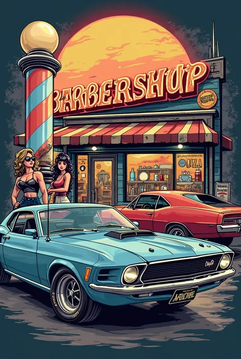 A bold, highly detailed, and cartoonish T-shirt design that seamlessly fuses a classic vintage barbershop theme with the high-energy world of muscle cars, hot rods, and motorsports. The composition features a retro barbershop with a glowing neon sign that ...