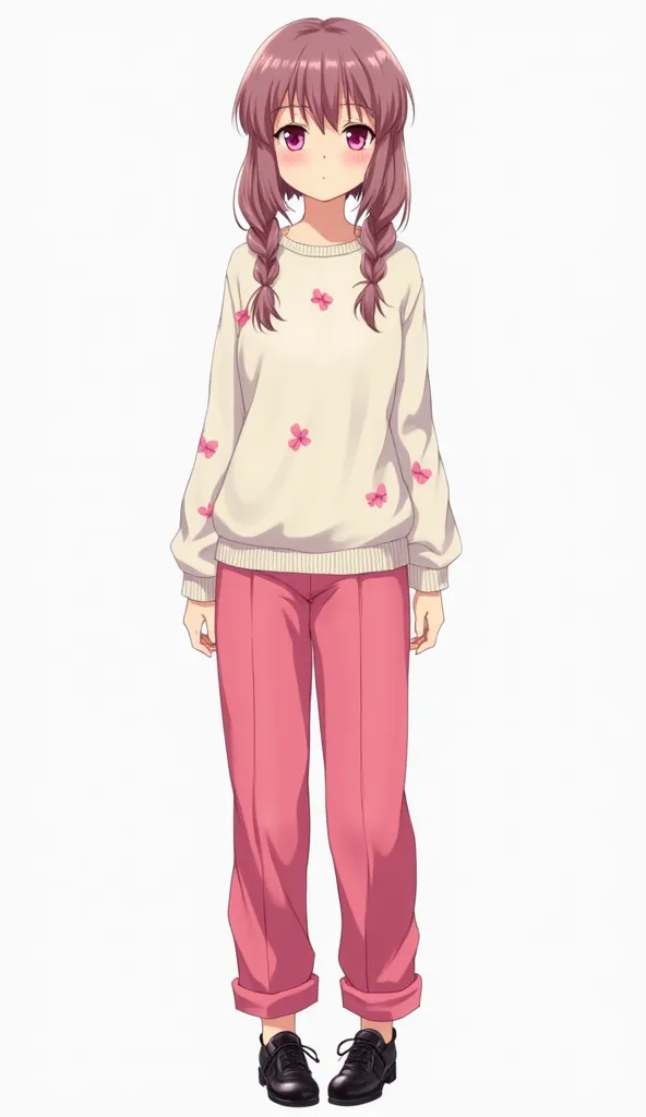 Japanese anime adolescent woman with long smooth dark ash pink hair with two pigtails and short locks and intense magenta eyes and wears a cream-white long-sleeved sweater with pink ribbon prints and loose vibrant pink pants. Wear shiny black shoes with la...